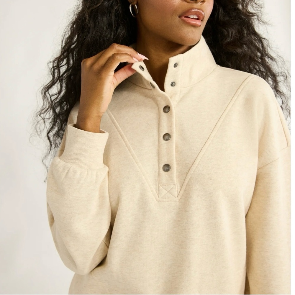 Mock Neck Henley Creme Beige Tan Button-Up Pullover Sweatshirt Size M NWT - Picture 3 of 9